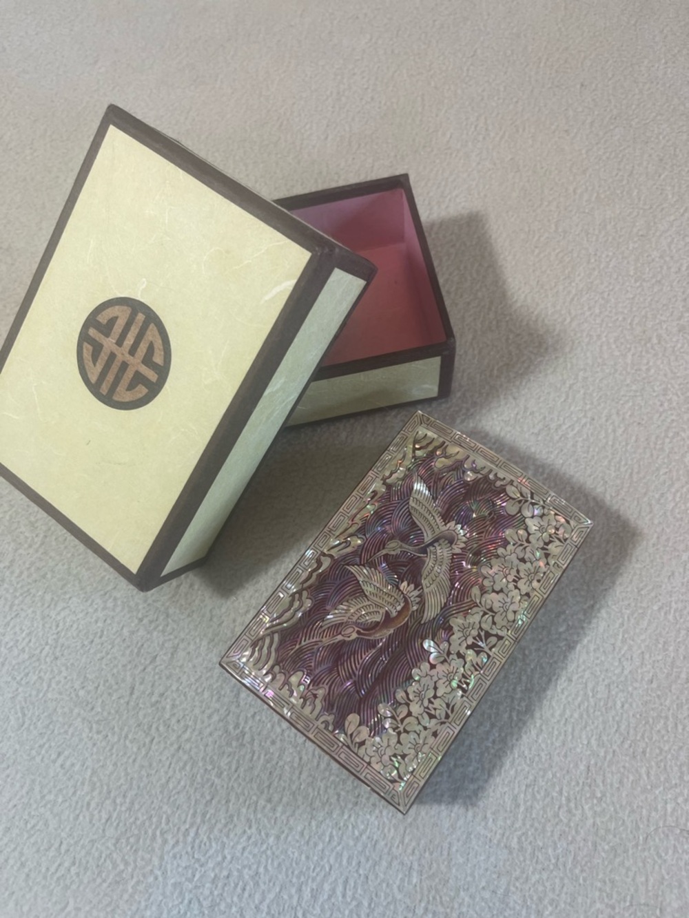 Mother of Pearl Inlay Trinket Box - Iridescent Pink & Silver